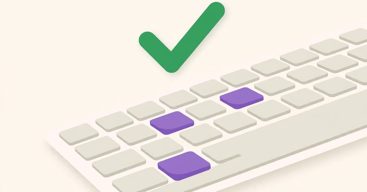 Illustration of a keyboard with highlighted violet keys and a large green check mark above it