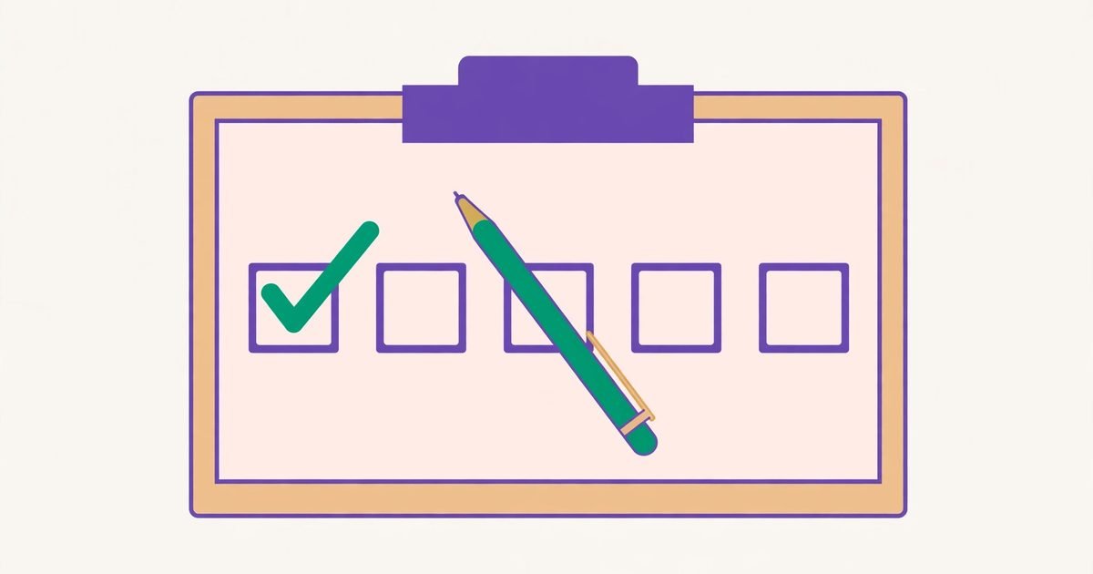 Illustration of a clipboard form with square checkboxes, one ticked with a green check mark