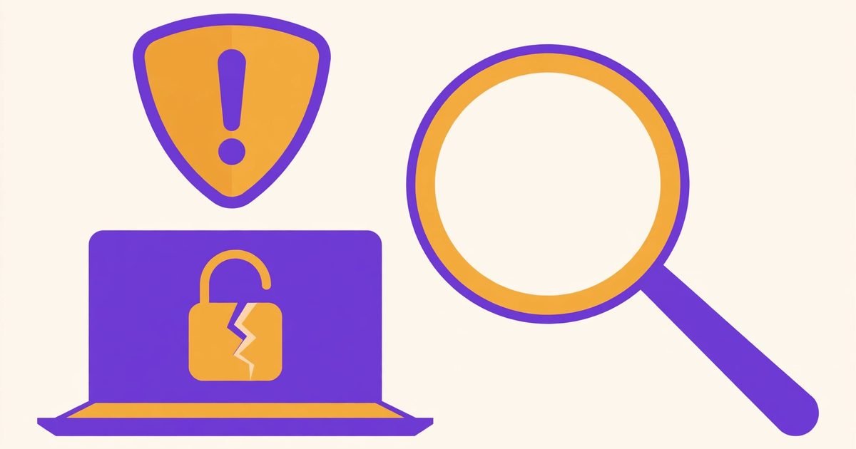 Illustration of a warning shield above a laptop with a cracked lock, beside a magnifying glass