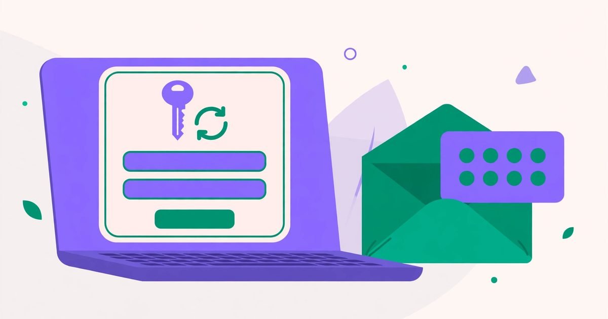 Illustration of a laptop login screen with a key icon and a refresh arrow