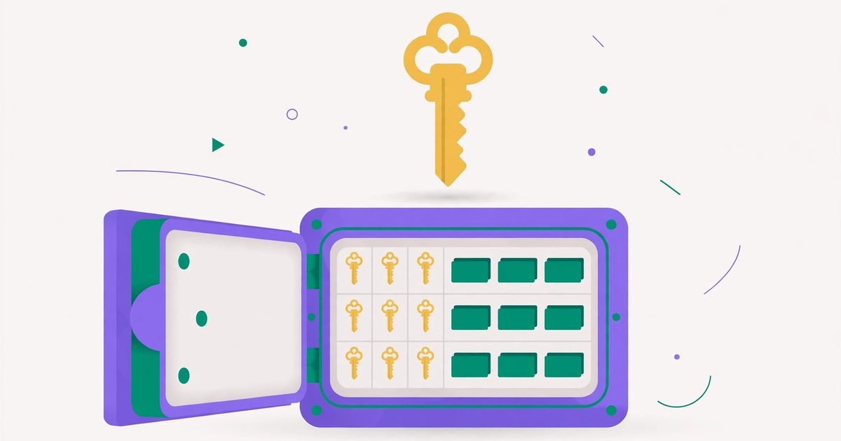 Illustration of an open vault safe holding key and card icons