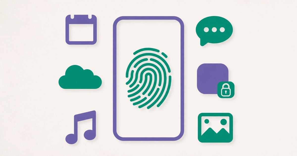 Illustration of a smartphone with a fingerprint icon and app icons, one with a padlock badge