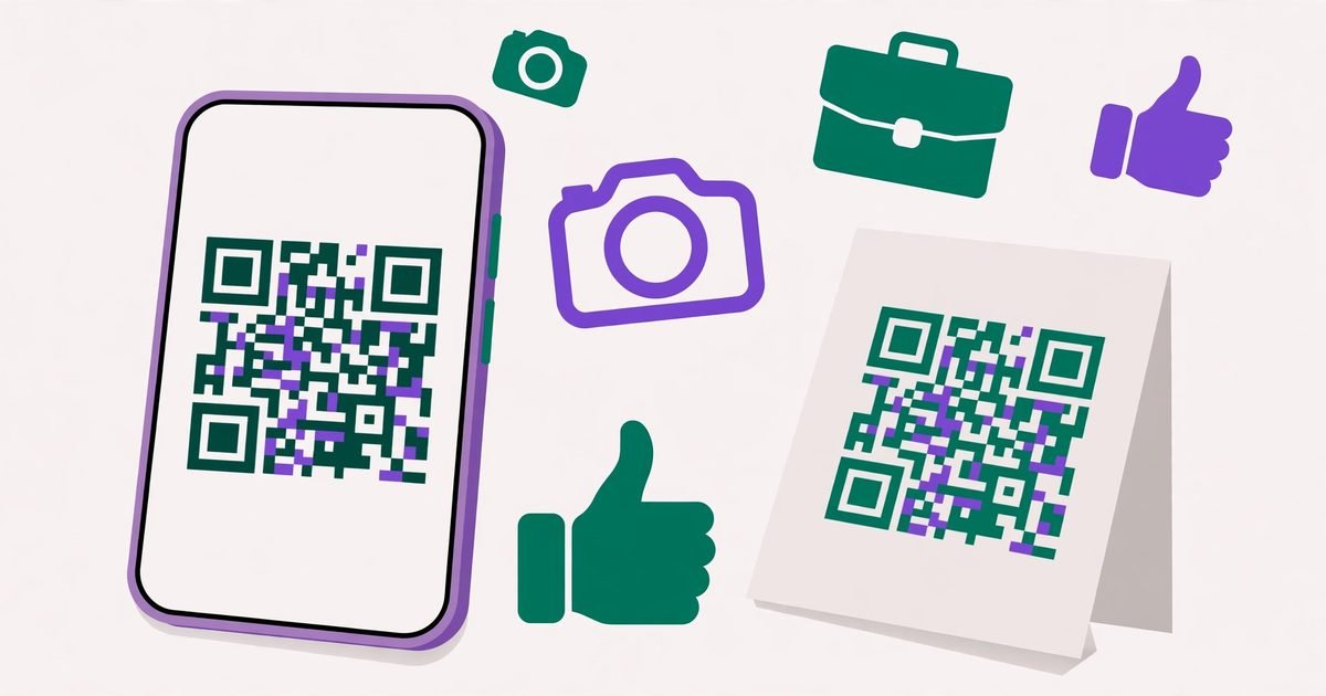 Illustration of a smartphone showing a QR code surrounded by social app icons and a flyer