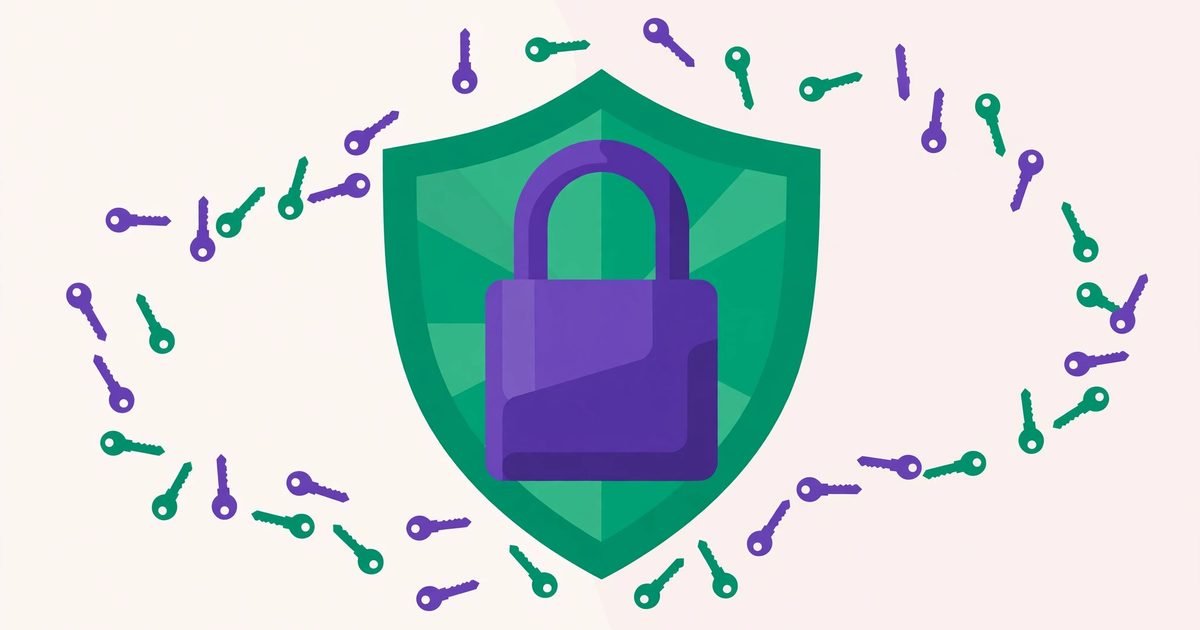 Illustration of a padlock with key shapes and a shield behind it